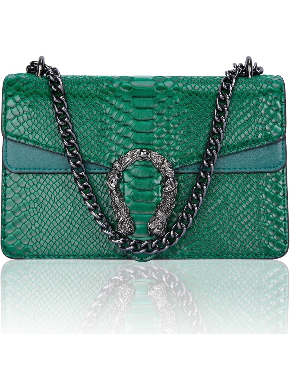 Emerald Green Snake Embossed Shoulder Bag | Chain Strap Designer Inspired Handba - Picture 5 of 8